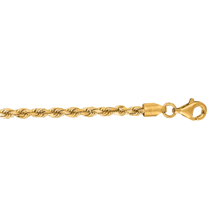 10K Yellow Gold 2.75mm Solid Diamond Cut Royal Rope 7 Chain Bracelet with Lobster Lock