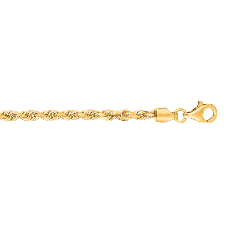 10K Yellow Gold 3.0mm Solid Diamond Cut Royal Rope 7 Chain Bracelet with Lobster Lock