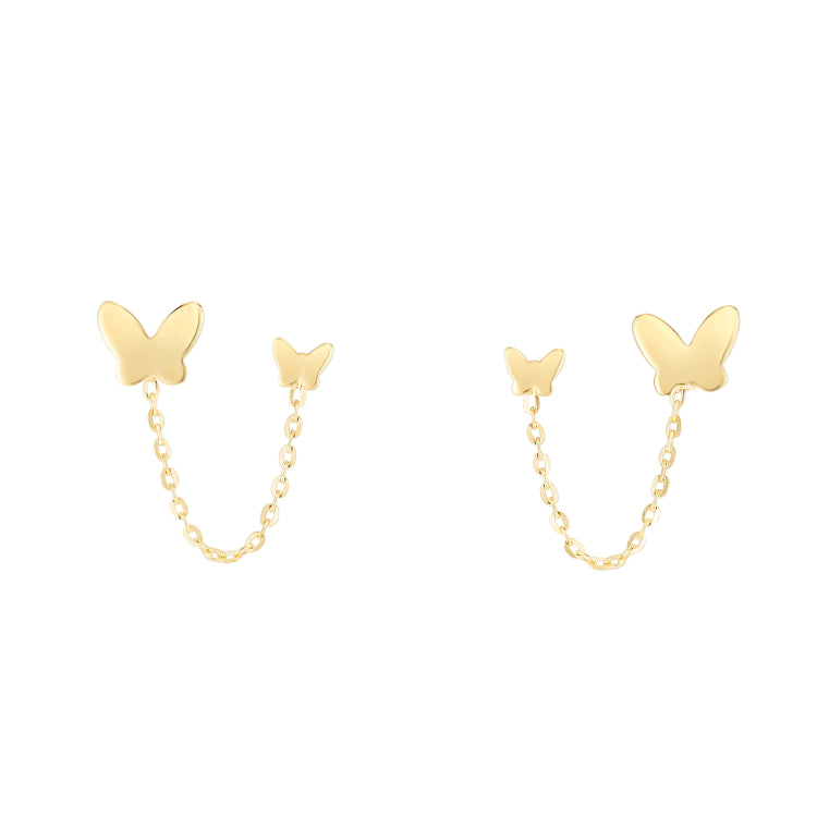 14K Yellow Gold Duo Butterfly Chain Earrings. Intended to wear in two holes.