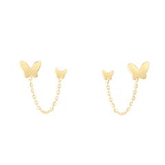 14K Yellow Gold Duo Butterfly Chain Earrings. Intended to wear in two holes.
