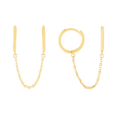 14K Yellow Gold Duo Huggie Chain Earrings. Intended to wear in two holes.