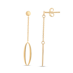 14K Yellow Gold Polished Single Oval Drop on a Chain Earrings with Push Back Clasp