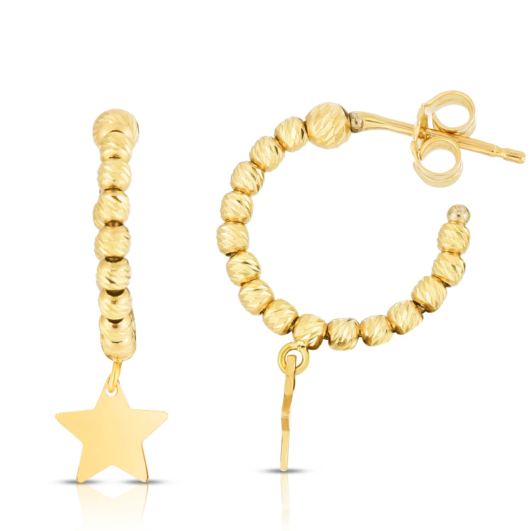 14K Yellow Gold Polished Star Charm Drops on a Beaded Hoop with Push Back Clasp