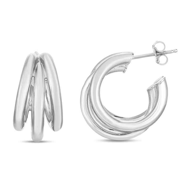 Sterling Silver Polished 21mm Triple Barrelled Hoops with Push Back closure.