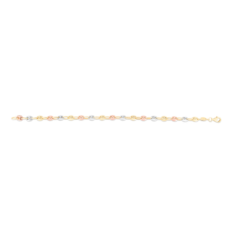 14K Tri-color Gold 20 Polished Puffed Mariner Link Chain Necklace with Lobster Lock