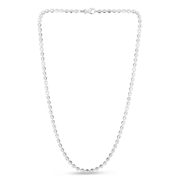 Sterling Silver 4mm Moon-cut Bead 7 Chain Bracelet with Lobster Clasp. Item has rhodium finish.