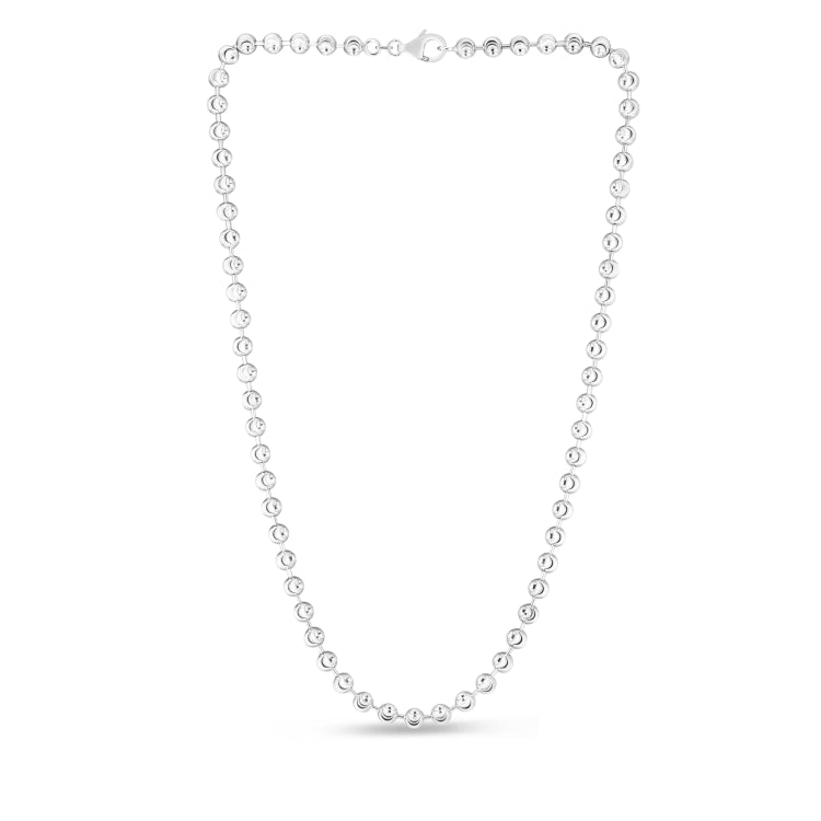 Sterling Silver 5mm Moon-cut Bead 7 Chain Bracelet with Lobster Clasp. Item has rhodium finish.