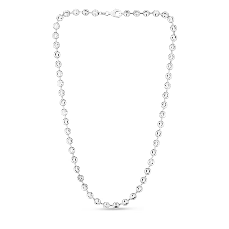 Sterling Silver 6mm Moon-cut Bead 18 Chain with Lobster Clasp. Item has rhodium finish.