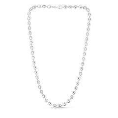 Sterling Silver 6mm Moon-cut Bead 20 Chain with Lobster Clasp. Item has rhodium finish.