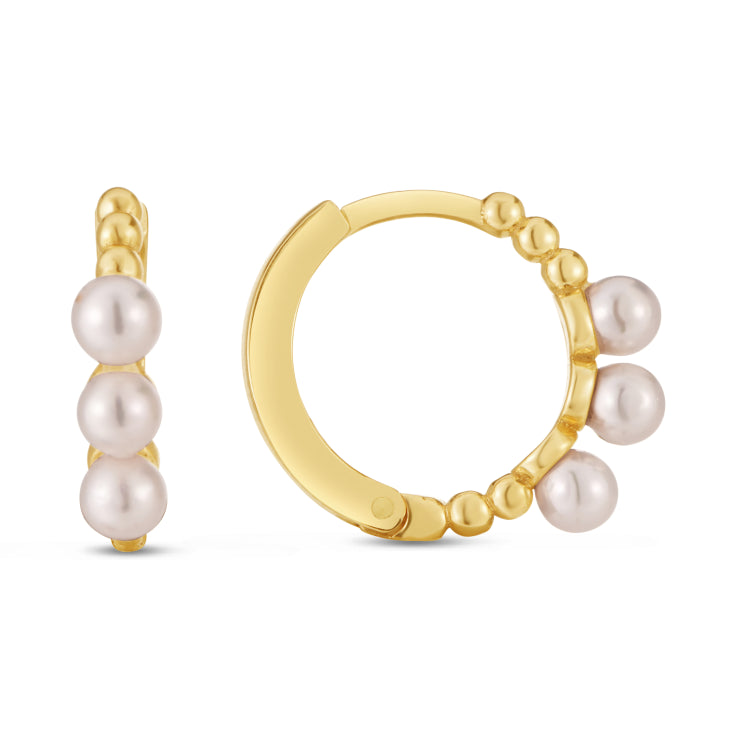 14K Yellow Gold Huggie Hoop with 3mm Pearls and Snap Clasp