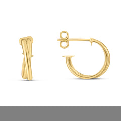 14K Yellow Gold Polished Crossover Hoops Earrings with Push Back Clasp
