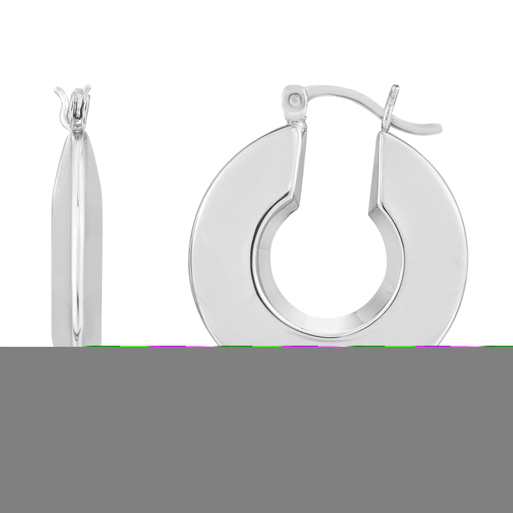 Silver Small Polished Puffed Round Hoops with Hinged Clasp. Rhodium Plated.