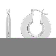 Silver Small Polished Puffed Round Hoops with Hinged Clasp. Rhodium Plated.
