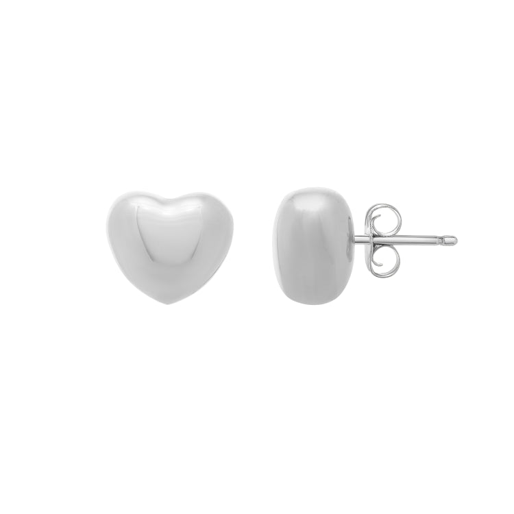 Sterling Silver Polished Puffed Small Heart Studs with Push Back Clasp. Item has rhodium plating.