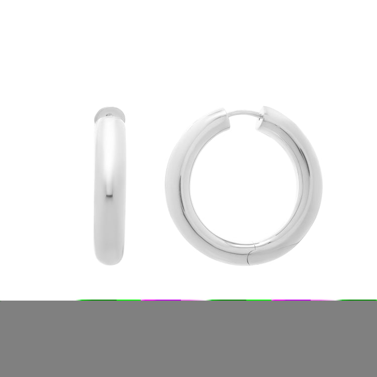 Sterling Silver Round Hoop Earrings with Snap Clasp. Item has rhodium finish.