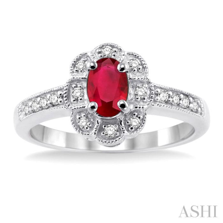 6x4 MM Oval Cut Ruby and 1/6 Ctw Single Cut Diamond Ring in 14K White Gold