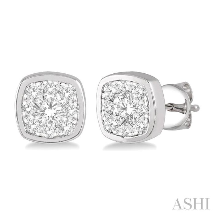 3/4 Ctw Cushion Shape Round Cut Diamond Lovebright Bezel Stud Earring in 14K White Gold