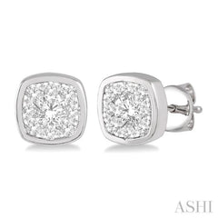 3/4 Ctw Cushion Shape Round Cut Diamond Lovebright Bezel Stud Earring in 14K White Gold