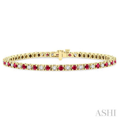 2.5 MM Ruby and 1 1/2 Ctw Round Cut Diamond Square Box Link Precious Tennis Bracelet in 14K Yellow Gold