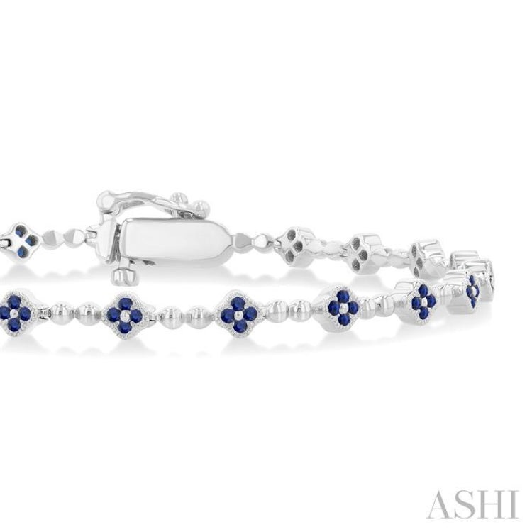 1 MM Round Cut Sapphire Clover and Bead Bijoux Link Precious Tennis Bracelet in 14K White Gold
