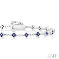 1 MM Round Cut Sapphire Clover and Bead Ball Link Precious Tennis Bracelet in 14K White Gold