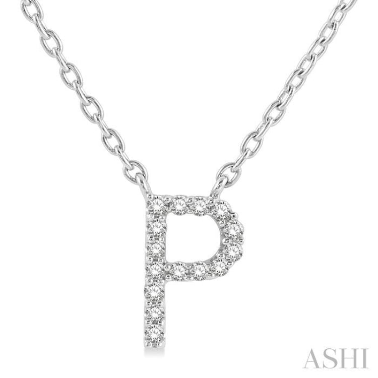1/20 Ctw Initial 'P' Round Cut Diamond Pendant With Chain in 10K White Gold