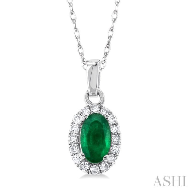 5x3 MM Oval Shape Emerald and 1/20 Ctw Single Cut Diamond Halo Precious Pendant with Chain in 10K White Gold