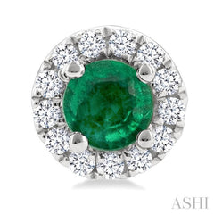 3.25 MM Round Emerald and 1/10 Ctw Round Cut Diamond Halo Precious Stud Earrings in 14K White Gold