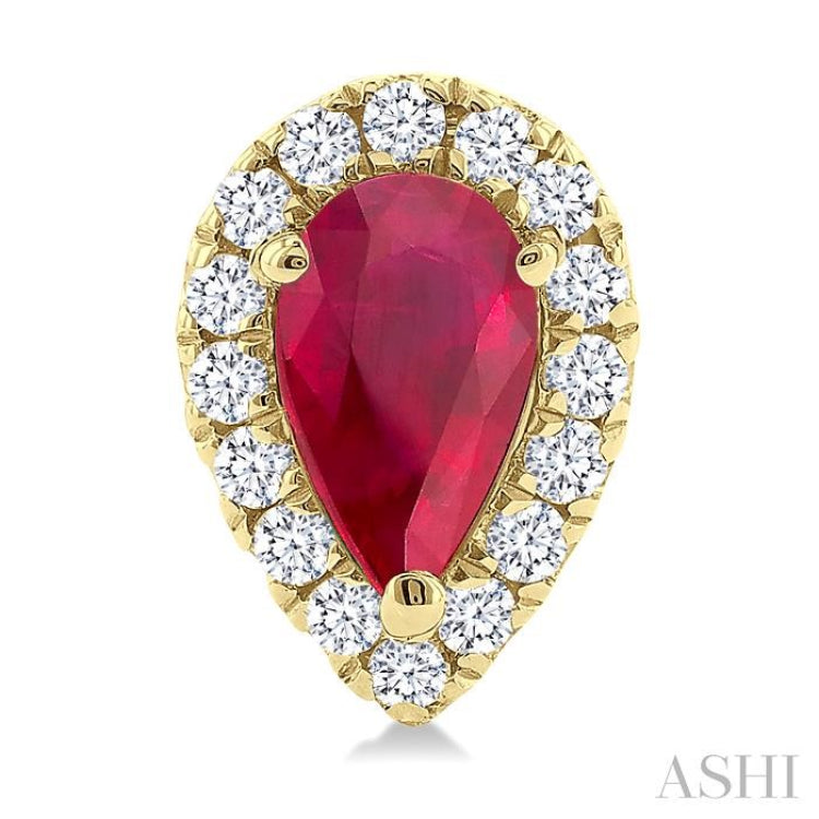 5x3 MM Pear Shape Ruby and 1/8 Ctw Single Cut Diamond Halo Precious Stud Earrings in 10K Yellow Gold