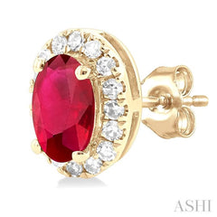 5x3 MM Oval Shape Ruby and 1/8 Ctw Single Cut Diamond Halo Precious Stud Earrings in 10K Yellow Gold