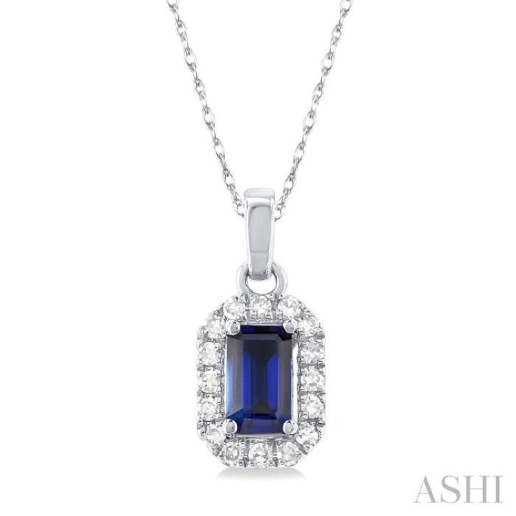 5x3 MM Octagonal Shape Sapphire and 1/20 Ctw Single Cut Diamond Halo Precious Pendant with Chain in 10K White Gold