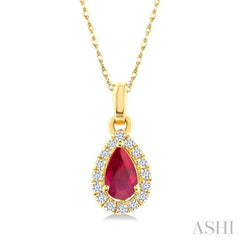5x3 MM Pear Shape Ruby and 1/20 Ctw Single Cut Diamond Halo Precious Pendant with Chain in 14K Yellow Gold