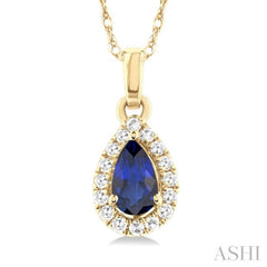5x3 MM Pear Shape Sapphire and 1/20 Ctw Single Cut Diamond Halo Precious Pendant with Chain in 10K Yellow Gold