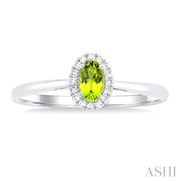 5x3 MM Oval Shape Peridot and 1/20 Ctw Single Cut Diamond Halo Semi-Precious Ring in 14K White Gold