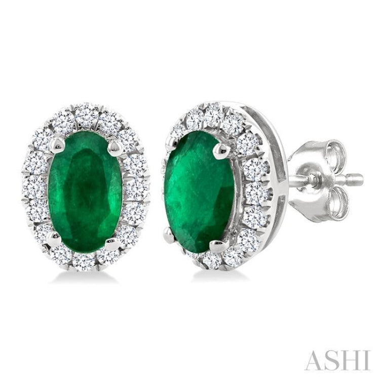 5x3 MM Oval Shape Emerald and 1/8 Ctw Single Cut Diamond Halo Precious Stud Earrings in 14K White Gold