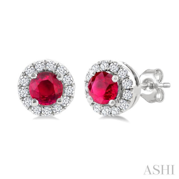 3.25 MM Round Ruby and 1/10 Ctw Single Cut Diamond Halo Precious Stud Earrings in 10K White Gold