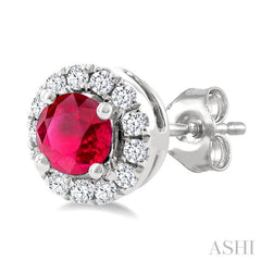 3.25 MM Round Ruby and 1/10 Ctw Single Cut Diamond Halo Precious Stud Earrings in 10K White Gold