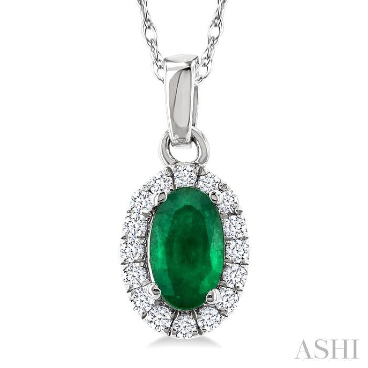5x3 MM Oval Shape Emerald and 1/20 Ctw Single Cut Diamond Halo Precious Pendant with Chain in 14K White Gold