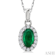 5x3 MM Oval Shape Emerald and 1/20 Ctw Single Cut Diamond Halo Precious Pendant with Chain in 14K White Gold
