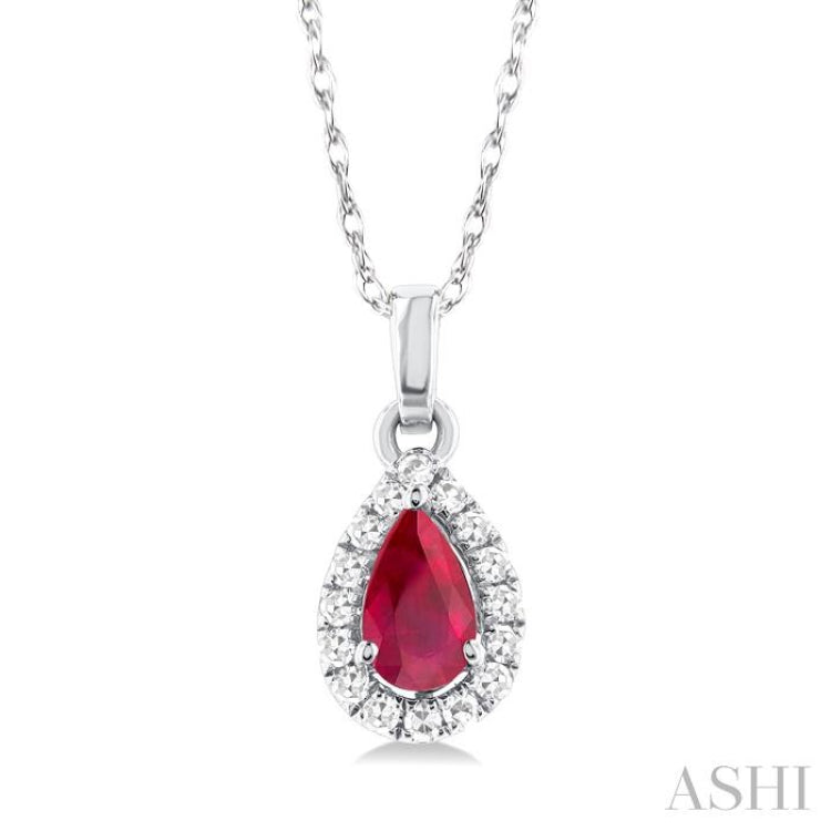 5x3 MM Pear Shape Ruby and 1/20 Ctw Single Cut Diamond Halo Precious Pendant with Chain in 10K White Gold