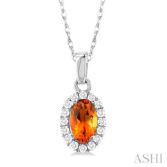 5x3 MM Oval Shape Citrine and 1/20 Ctw Single Cut Diamond Halo Semi-Precious Pendant with Chain in 14K White Gold