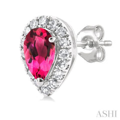 5x3 MM Pear Shape Pink Tourmaline and 1/8 Ctw Single Cut Diamond Halo Semi-Precious Stud Earrings in 10K White Gold