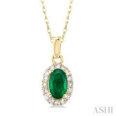 5x3 MM Oval Shape Emerald and 1/20 Ctw Single Cut Diamond Halo Precious Pendant with Chain in 10K Yellow Gold