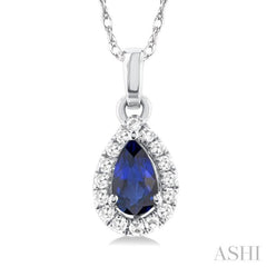 5x3 MM Pear Shape Sapphire and 1/20 Ctw Single Cut Diamond Halo Precious Pendant with Chain in 10K White Gold