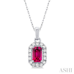 5x3 MM Octagonal Shape Pink Tourmaline and 1/20 Ctw Single Cut Diamond Halo Semi-Precious Pendant with Chain in 10K White Gold