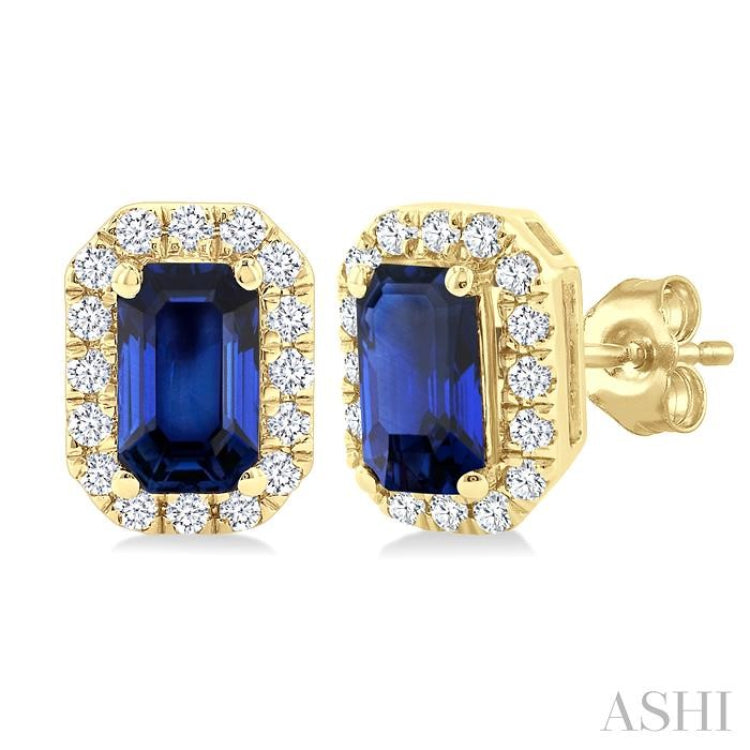 5x3 MM Octagonal Shape Sapphire and 1/8 Ctw Round Cut Diamond Halo Precious Stud Earrings in 14K Yellow Gold