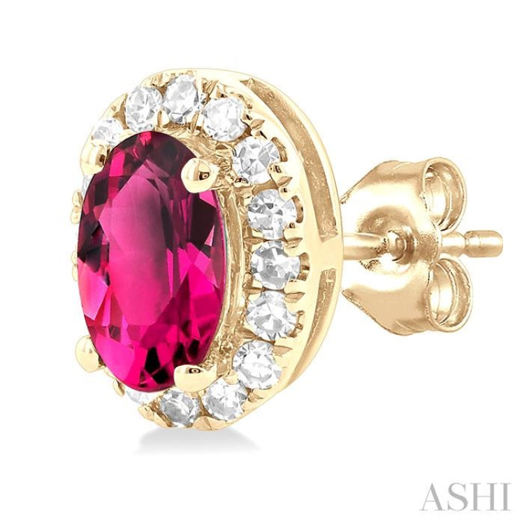 5x3 MM Oval Shape Pink Tourmaline and 1/8 Ctw Single Cut Diamond Halo Semi-Precious Stud Earrings in 10K Yellow Gold