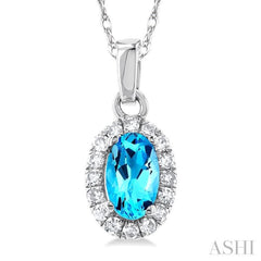 5x3 MM Oval Shape Blue Topaz and 1/20 Ctw Single Cut Diamond Halo Semi-Precious Pendant with Chain in 14K White Gold