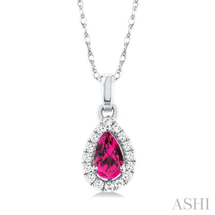 5x3 MM Pear Shape Pink Tourmaline and 1/20 Ctw Single Cut Diamond Halo Semi-Precious Pendant with Chain in 10K White Gold