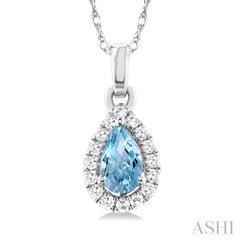 5x3 MM Pear Shape Aquamarine and 1/20 Ctw Single Cut Diamond Halo Semi-Precious Pendant with Chain in 10K White Gold
